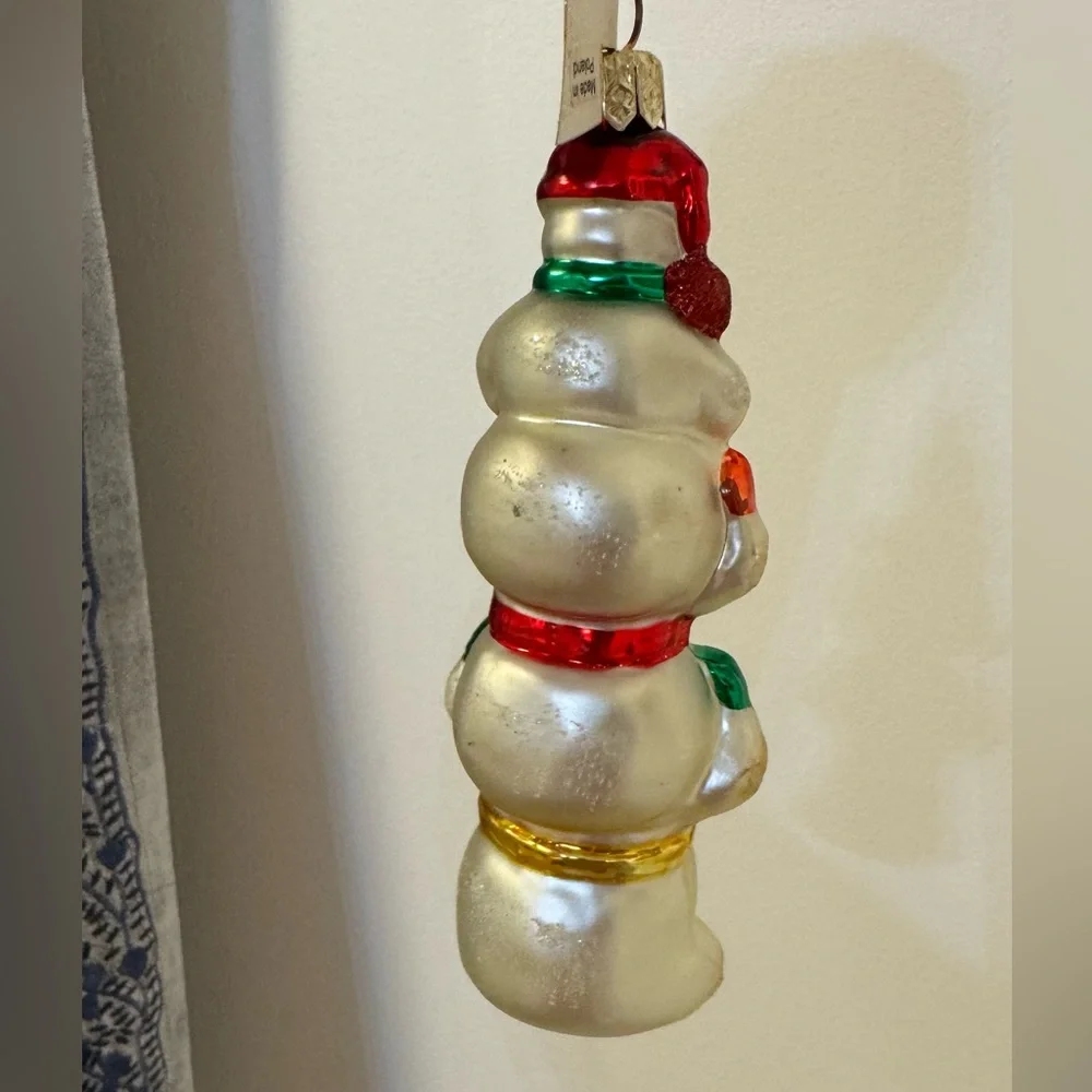Snowmen Stack Totem Pole Blown Glass Christmas Ornament Family 5”
